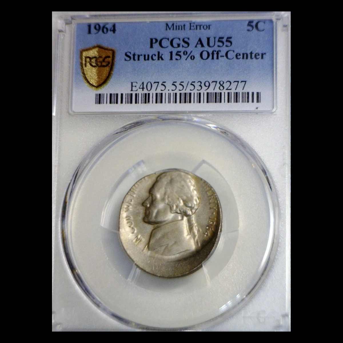 1964 Jefferson nickel struck 15% off center