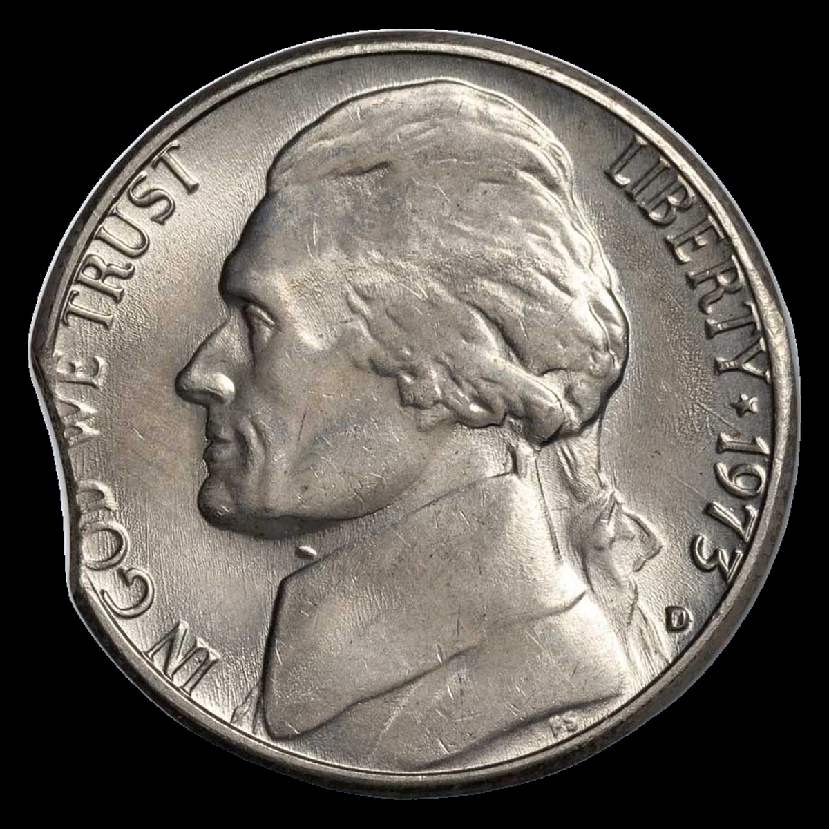 1973 Jefferson Nickel: Clipped Planchet