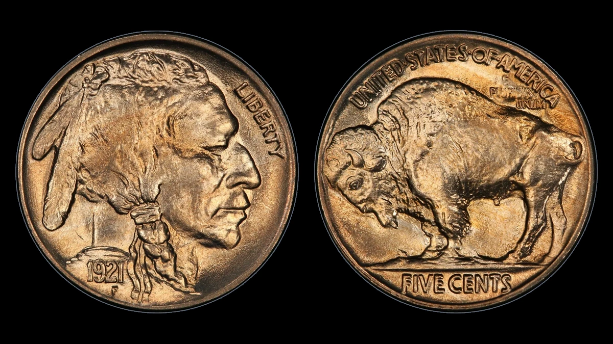 1921 Buffalo Nickel: Two Feathers / Abraded Third Feather