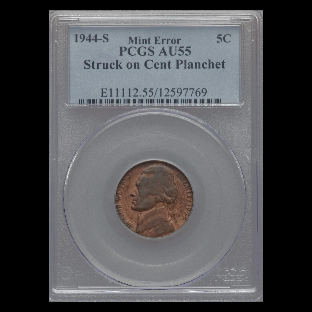 1944 Jefferson Nickel: Struck on a cent planchet