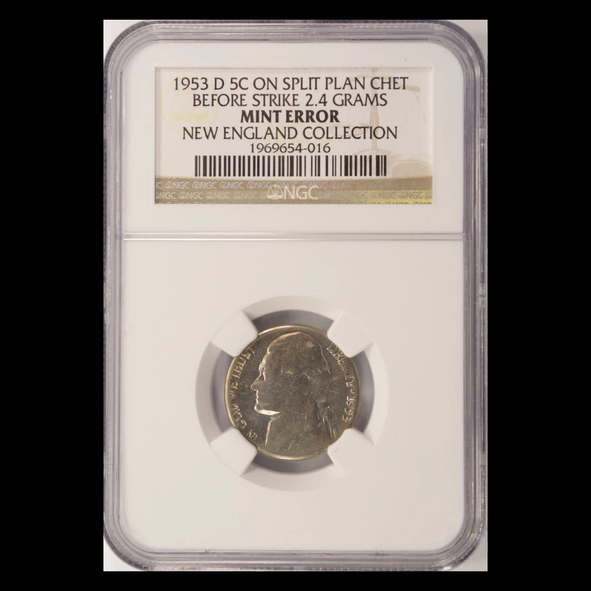 1953 Jefferson Nickel: Split planchet before strike