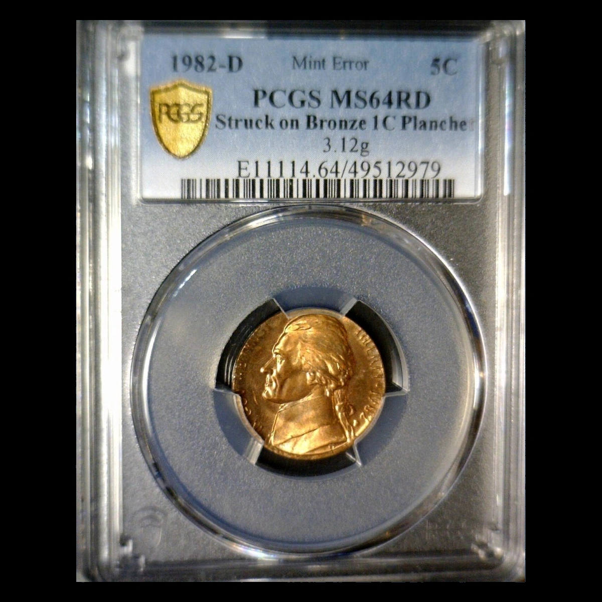 1982 Jefferson Nickel: Struck on cent planchet