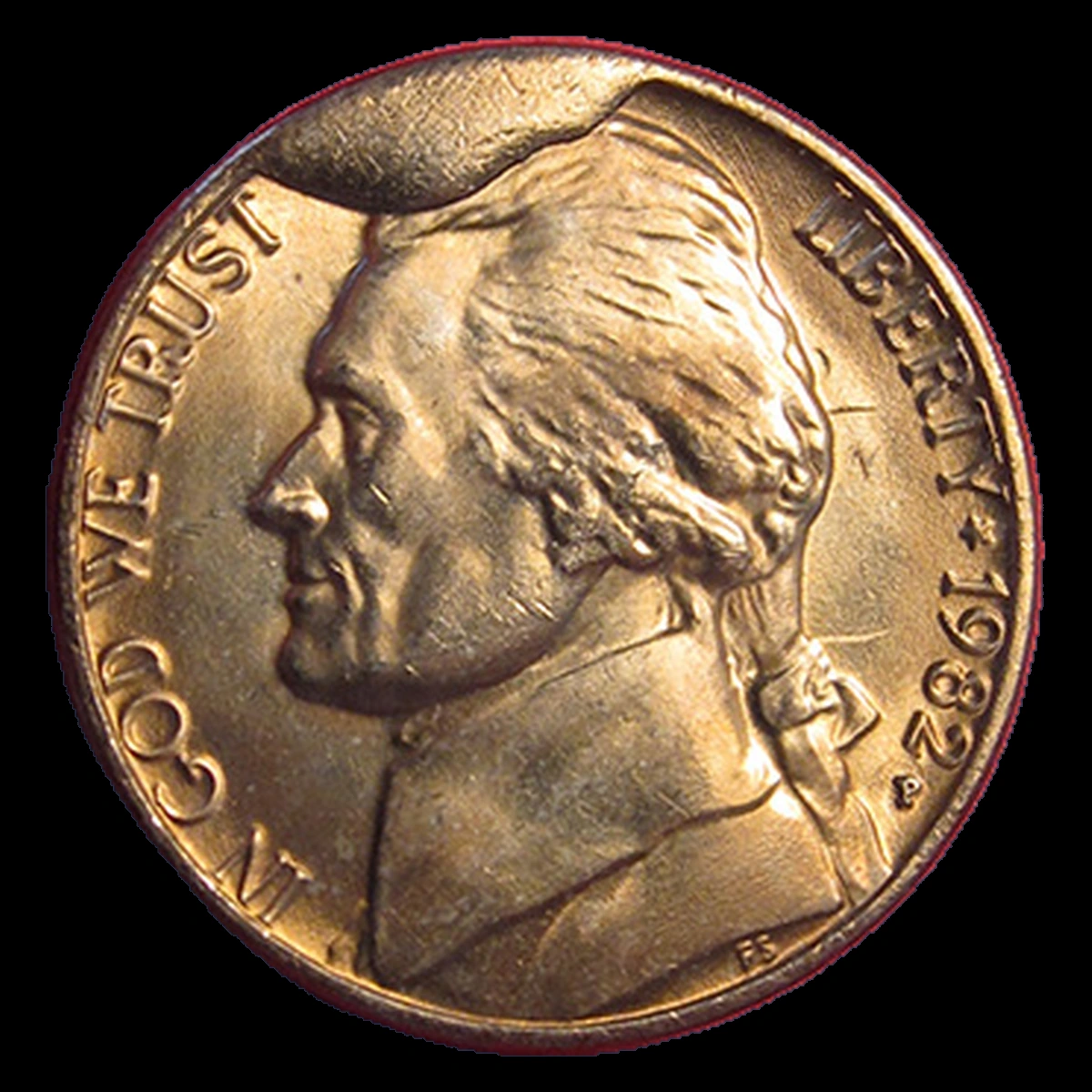 1982 Jefferson Nickel: Cud die break