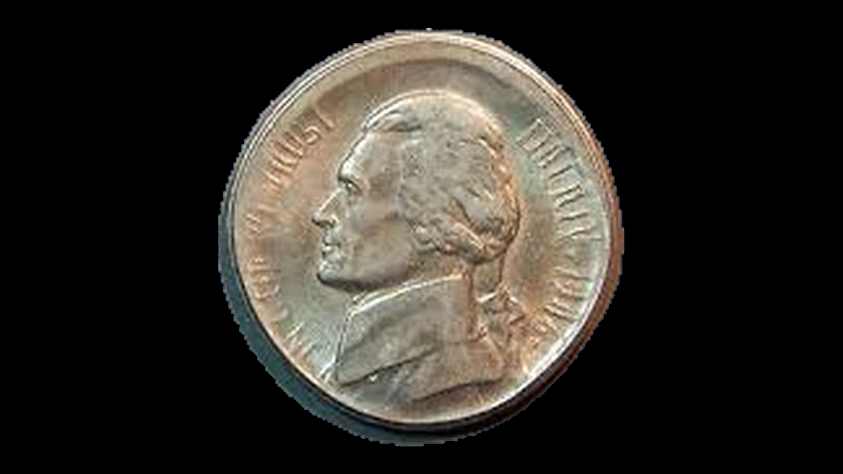 1986 Jefferson Nickel: centered broadstrike