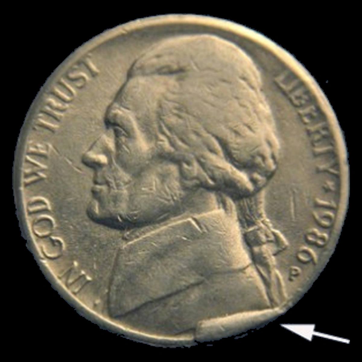 1986 Jefferson Nickel: Die Break