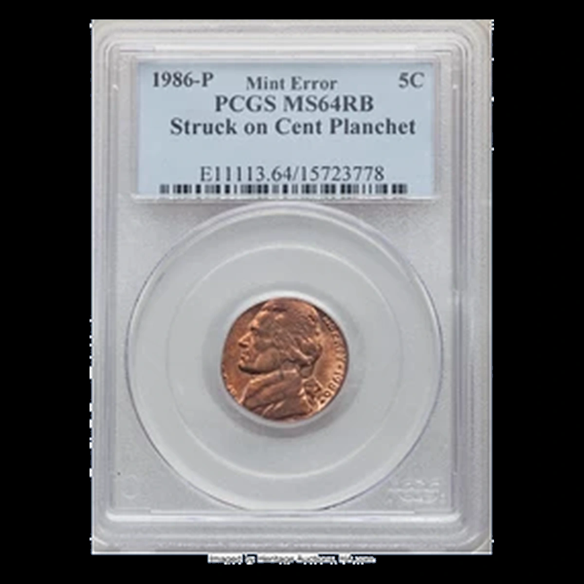 1986 Jefferson Nickel: nickel design struck on a cent blank