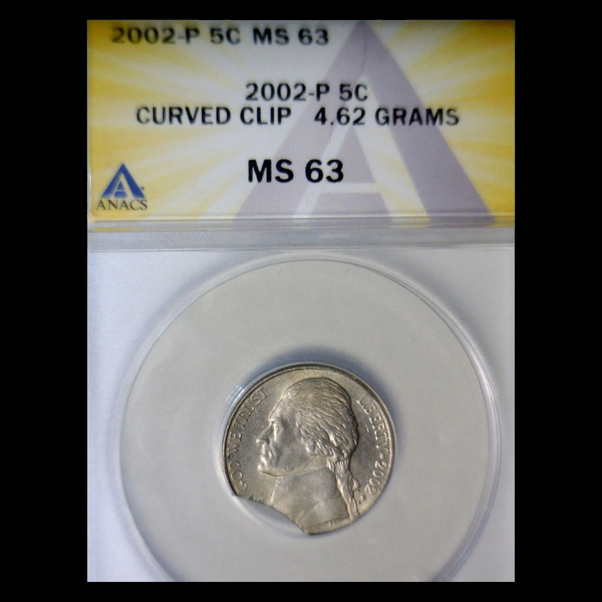 2002 Jefferson Nickel: Clipped Planchet