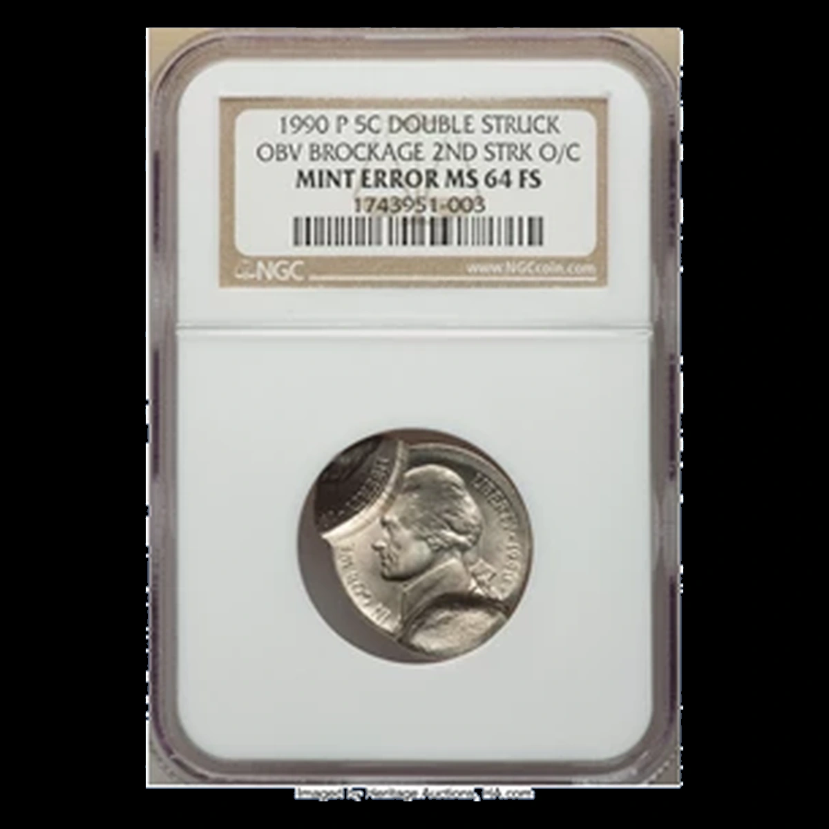 1990 Jefferson Nickel: Double strike with brockage