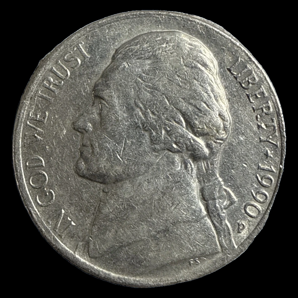 1990 Jefferson Nickel: grease strike-through