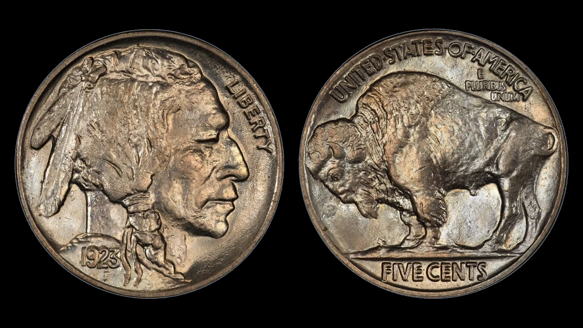 1923 Buffalo Nickel: Two Feathers / Abraded Third Feather