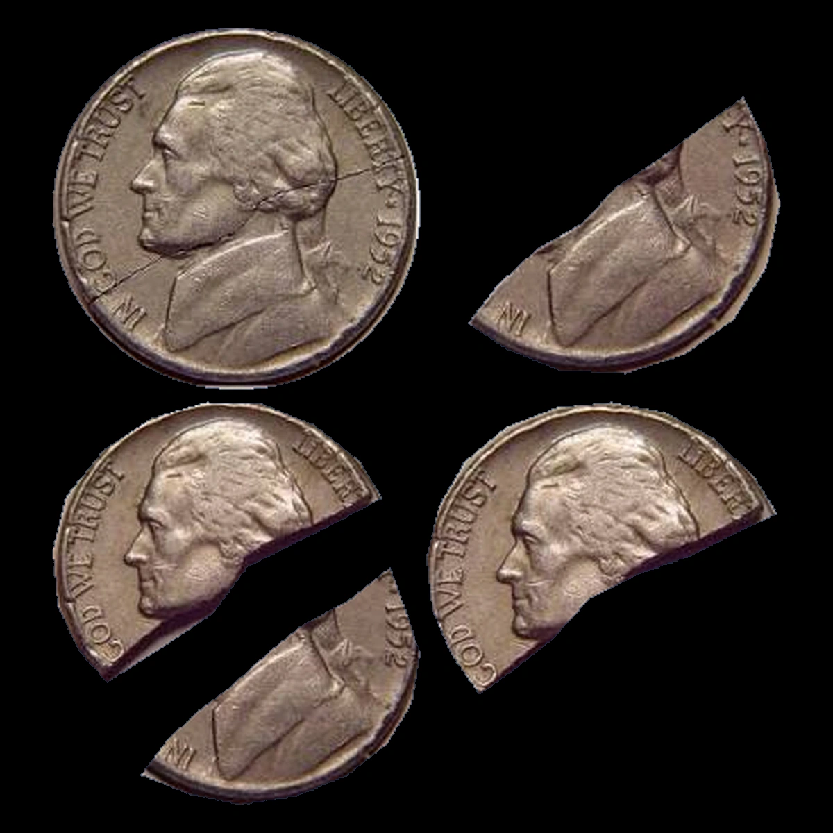 1952 Jefferson Nickel: blank broken into two pieces