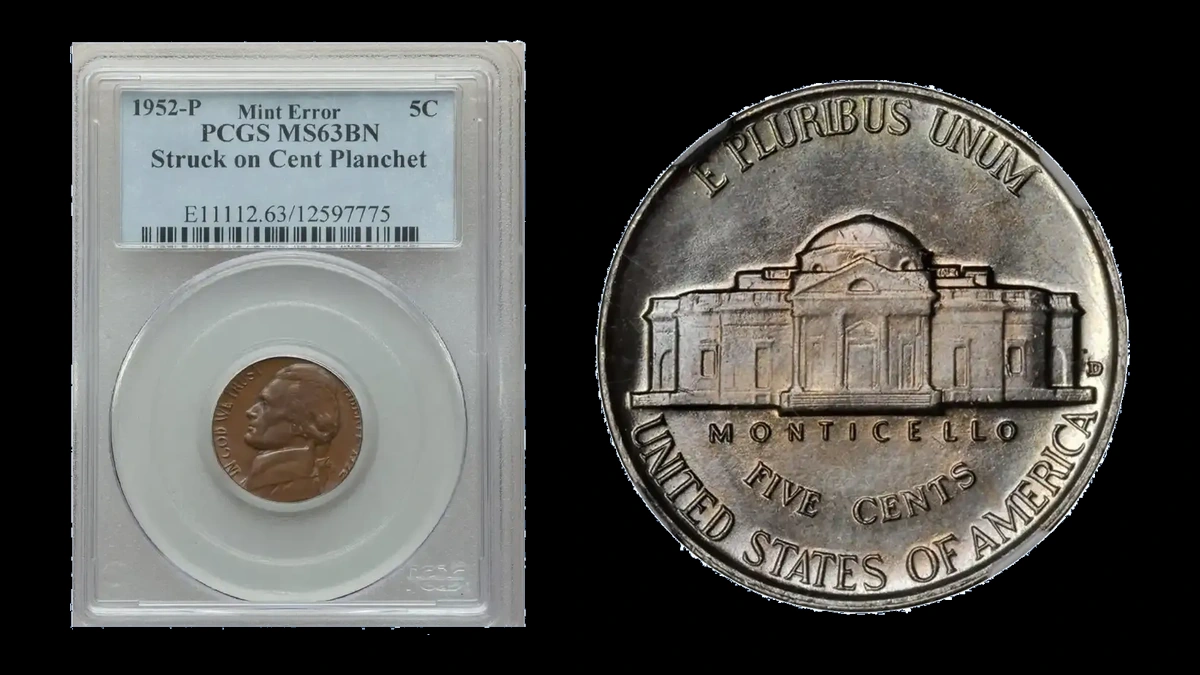 1952 Jefferson Nickel: Struck on a cent planchet