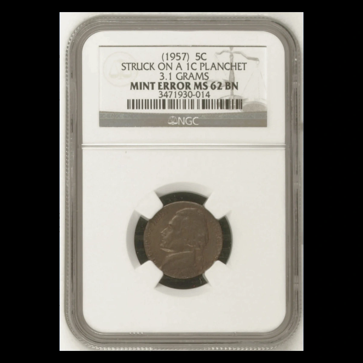 1957 Jefferson Nickel: Struck on a cent planchet