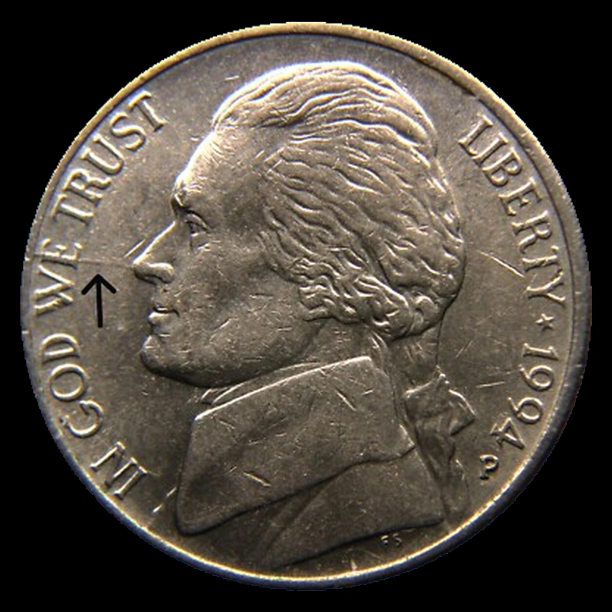 1994 Jefferson Nickel: Die Crack / Die Chip