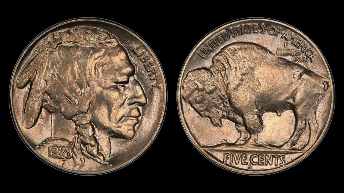 1928 Buffalo Nickel: Two Feathers / Abraded Third Feather
