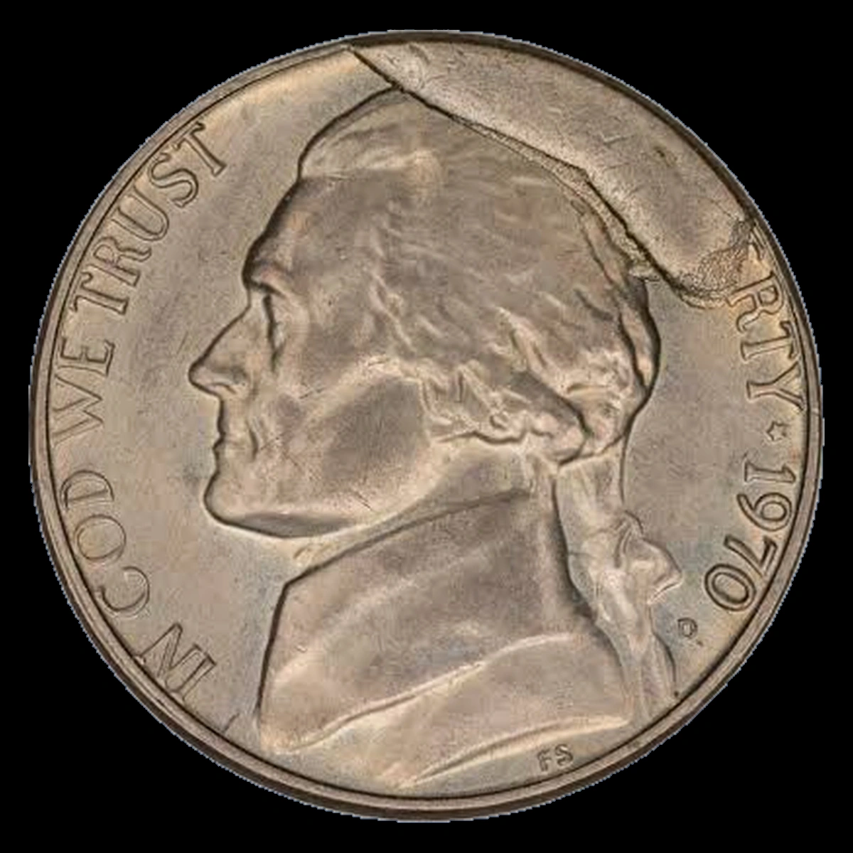 1970 Jefferson Nickel: Obverse die break