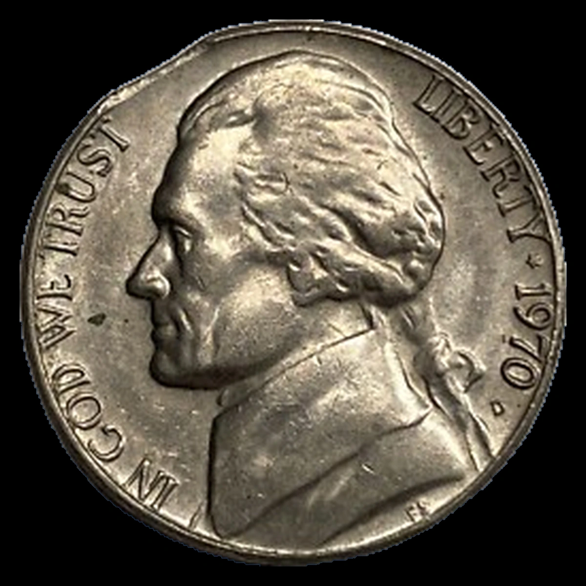 1970 Jefferson Nickel: Clipped Planchet
