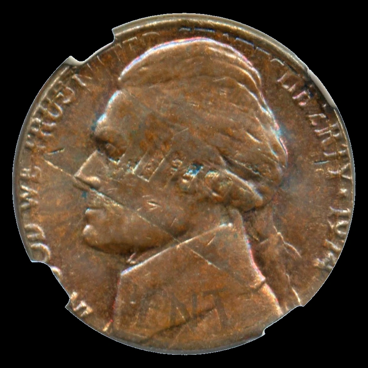 1974 Jefferson Nickel: Struck over a Lincoln cent
