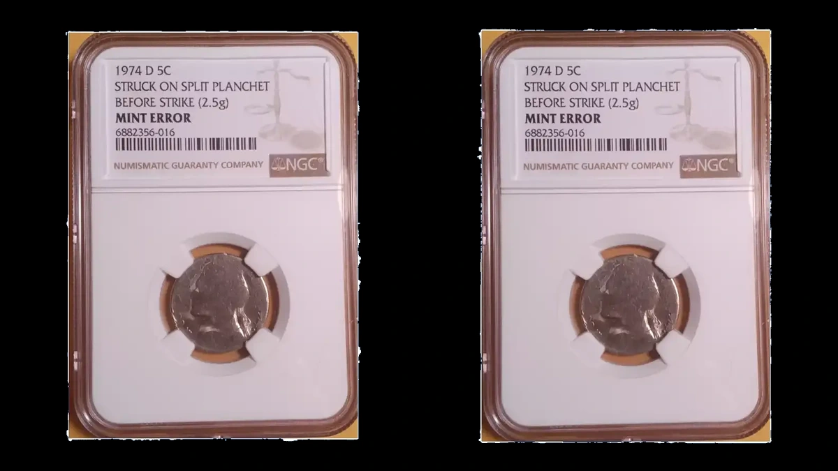 1974 Jefferson Nickel: Split planchet before striking