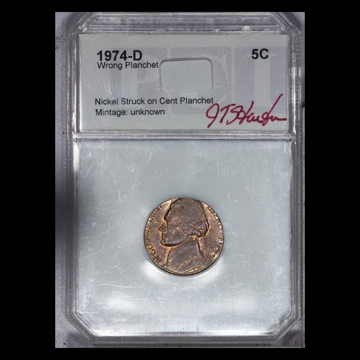1974 Jefferson Nickel: Struck on cent planchet
