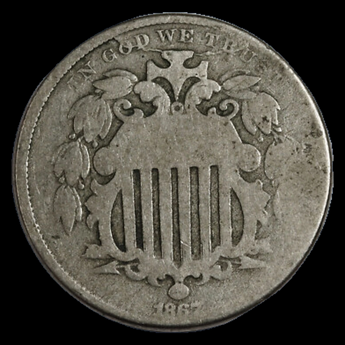 1867 Shield Nickel: Die Crack / Die Chip