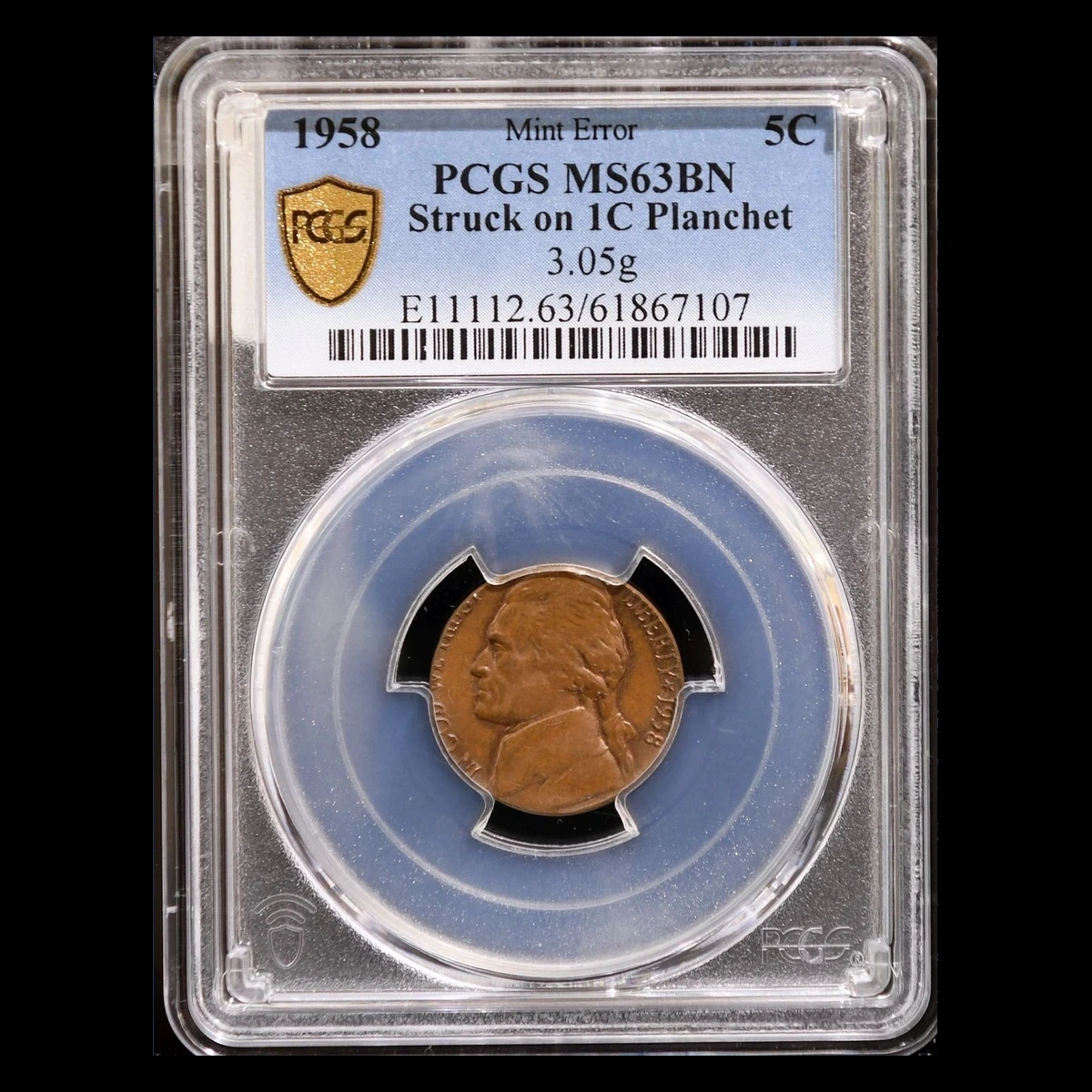 1958 Jefferson Nickel: Struck on a cent planchet