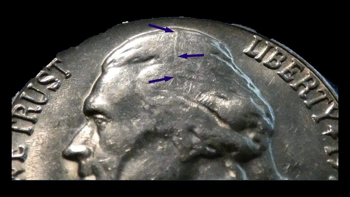 1958 Jefferson Nickel: Die Crack / Die Chip