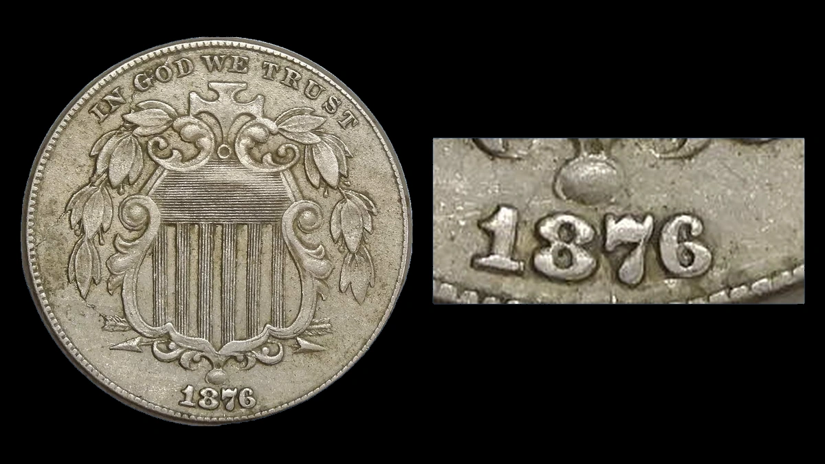 1876 Shield Nickel: Repunched Date