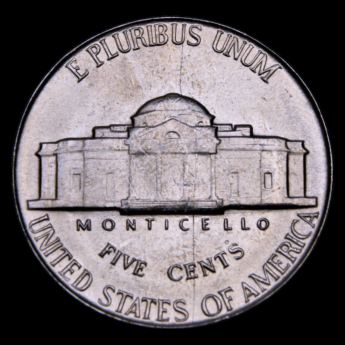 1950 Jefferson Nickel: Reverse die crack