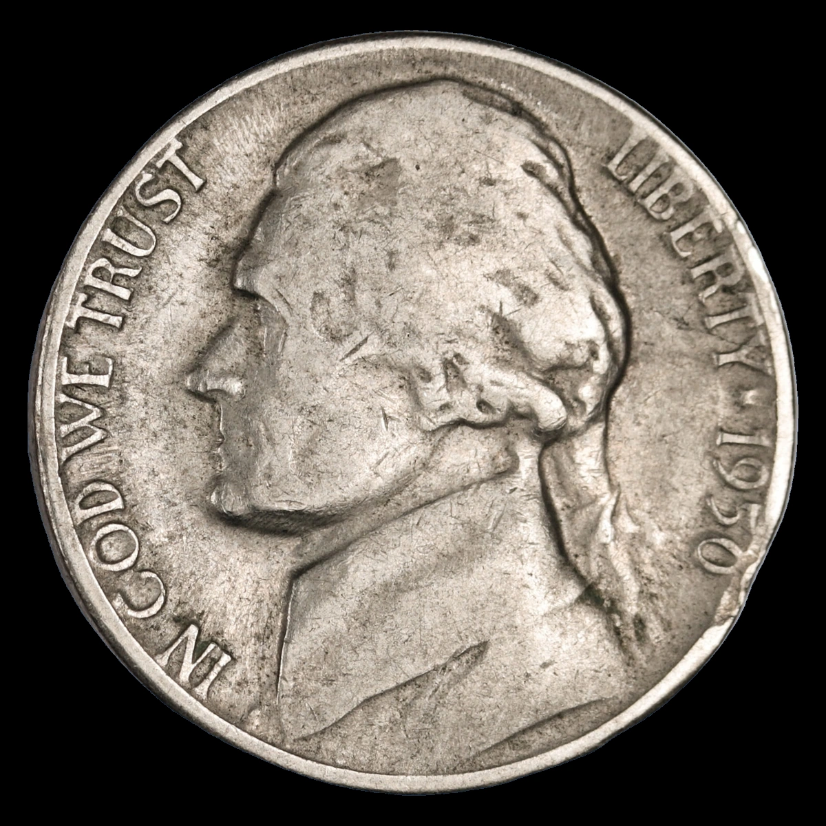1950 Jefferson Nickel: Clipped Planchet