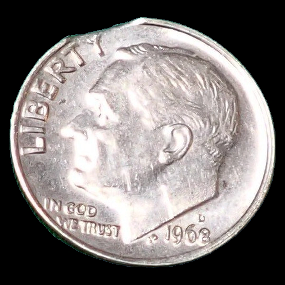 1968 Roosevelt Dime: Clipped Planchet