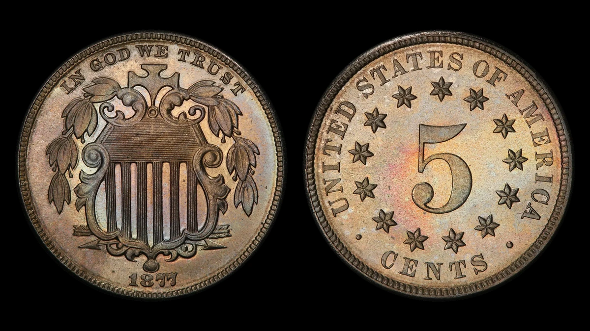 1877 PR Shield Nickel, obverse and reverse