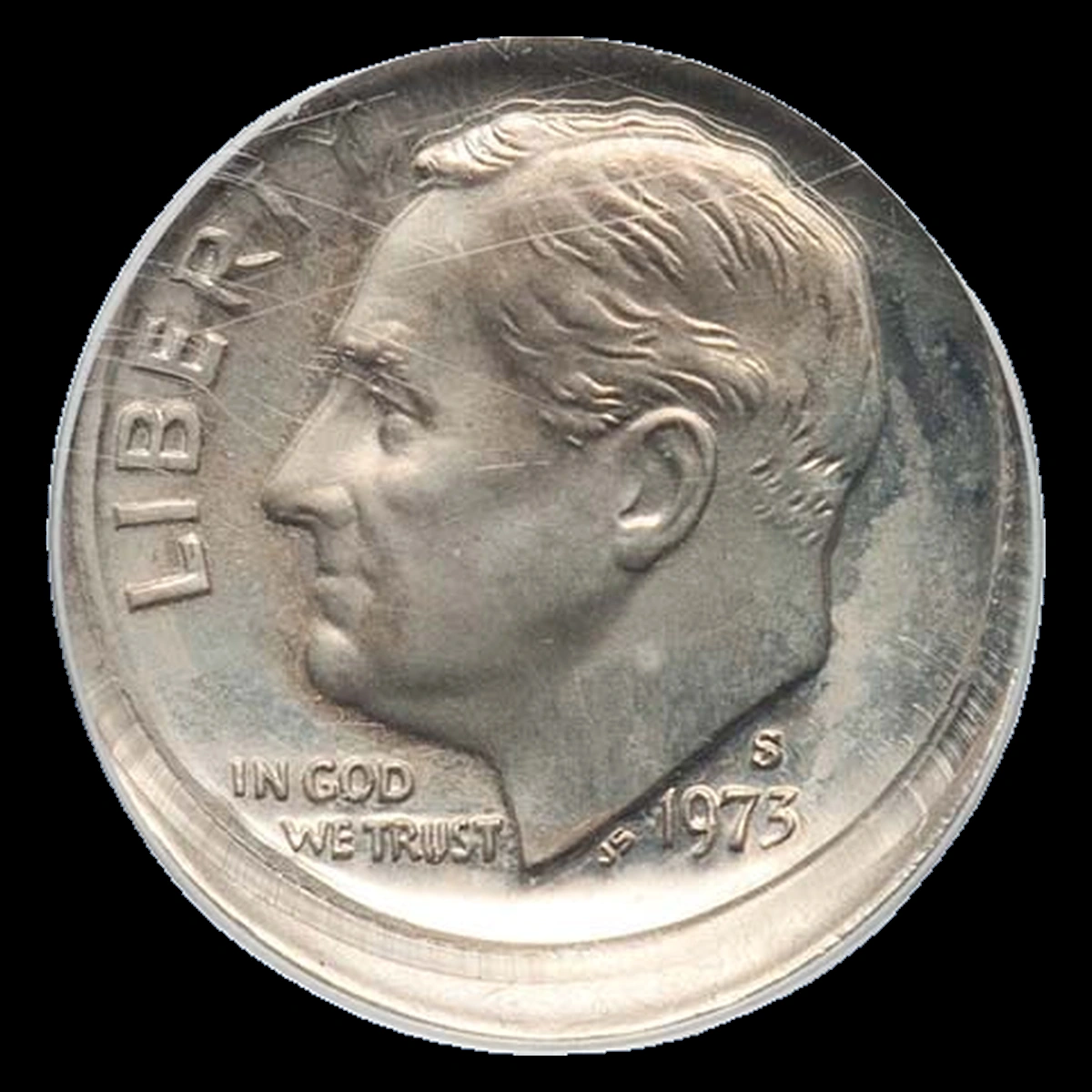 1973 Roosevelt Dime: two off-center strikes