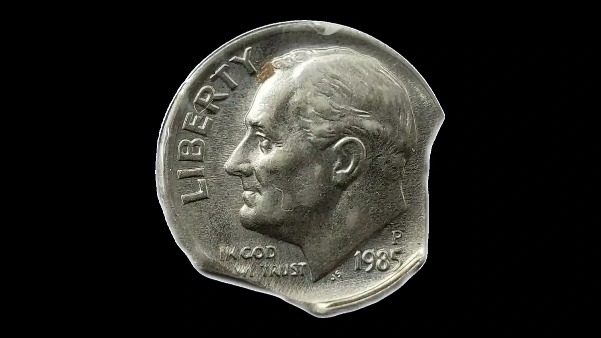 1985 Roosevelt Dime: Clipped Planchet