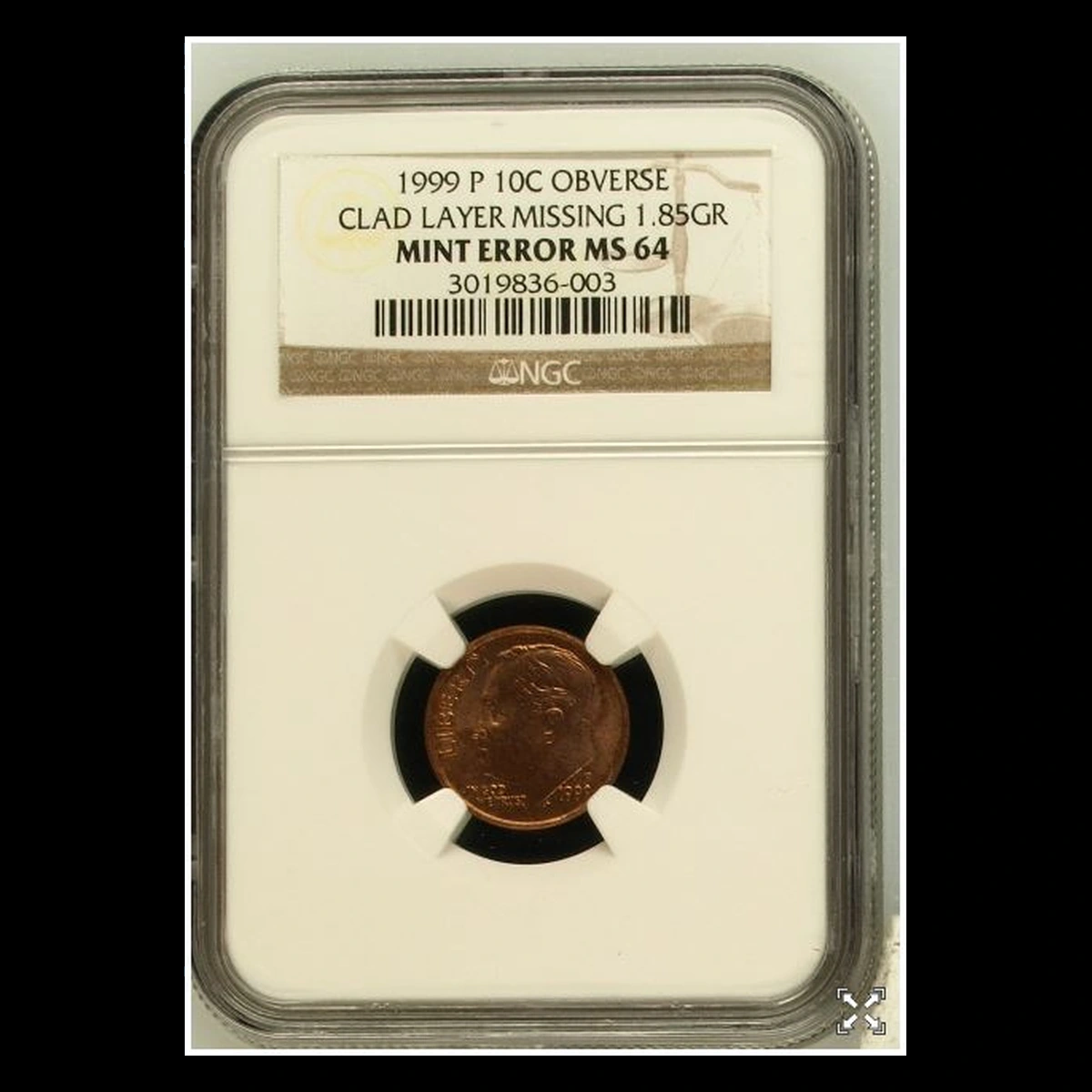 1999 Roosevelt Dime: Obverse Clad Layer Missing