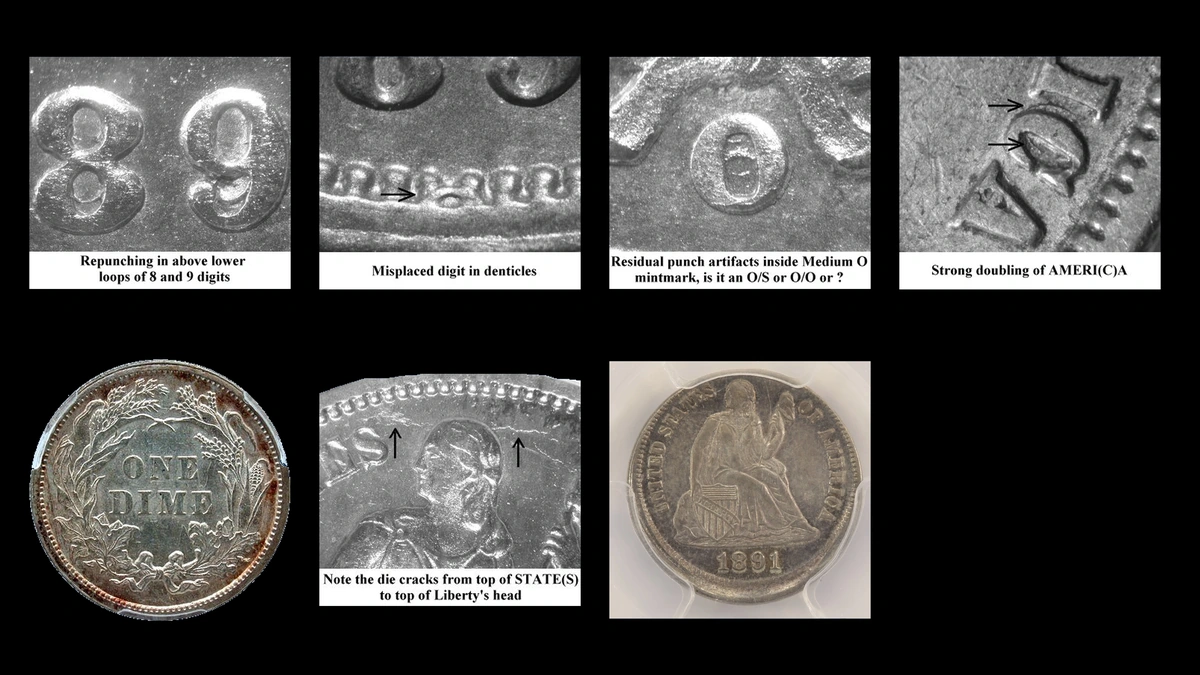 1891 Dime Errors — error coin photographs