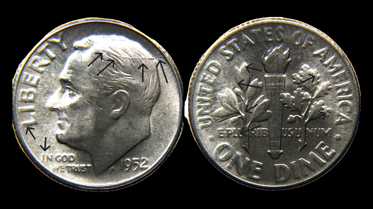 1952 Roosevelt Dime: Die Cracks / Spike Head