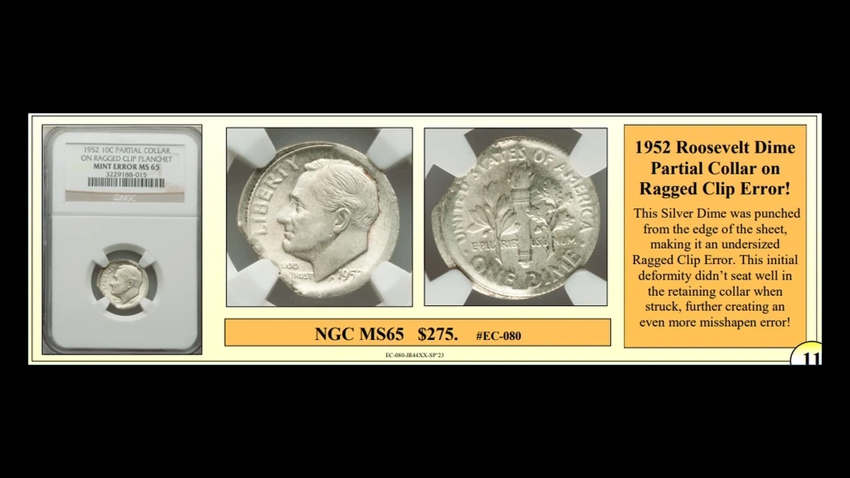 1952 Roosevelt Dime: Partial Collar with Ragged Clip