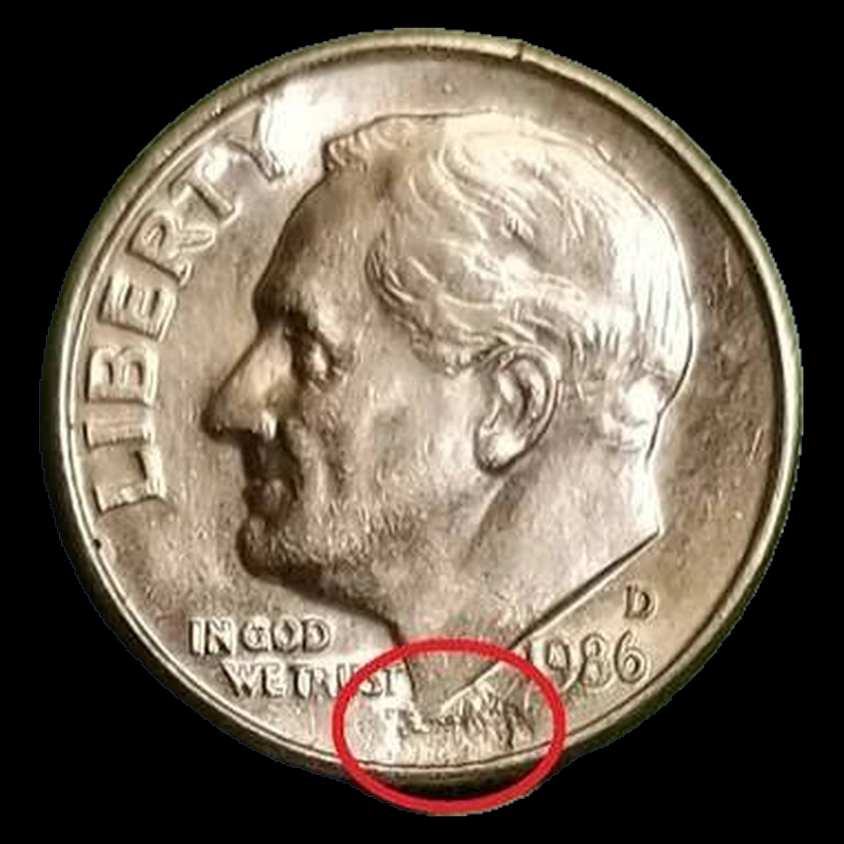 1986 Roosevelt Dime: Struck Through