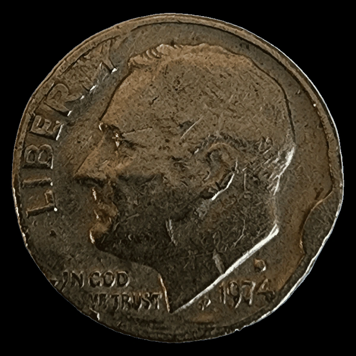 1974 Roosevelt Dime: Struck Through