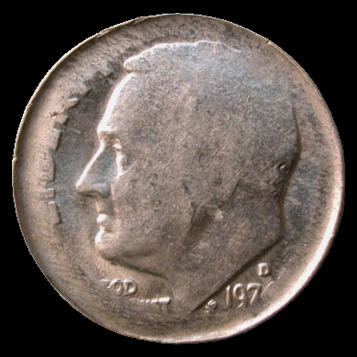 1974 Roosevelt Dime: thin solid copper-nickel blank