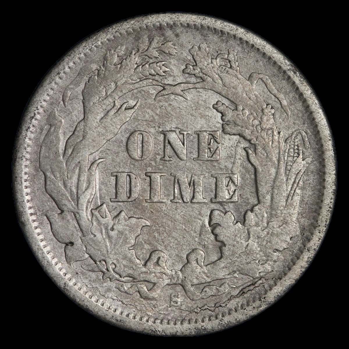 1876 Liberty Seated Dime: Die Crack / Die Chip
