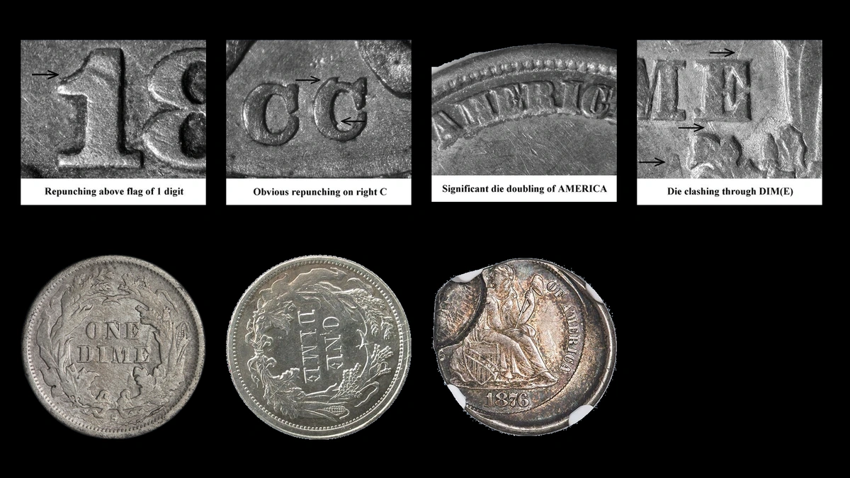 1876 Dime Errors — error coin photographs