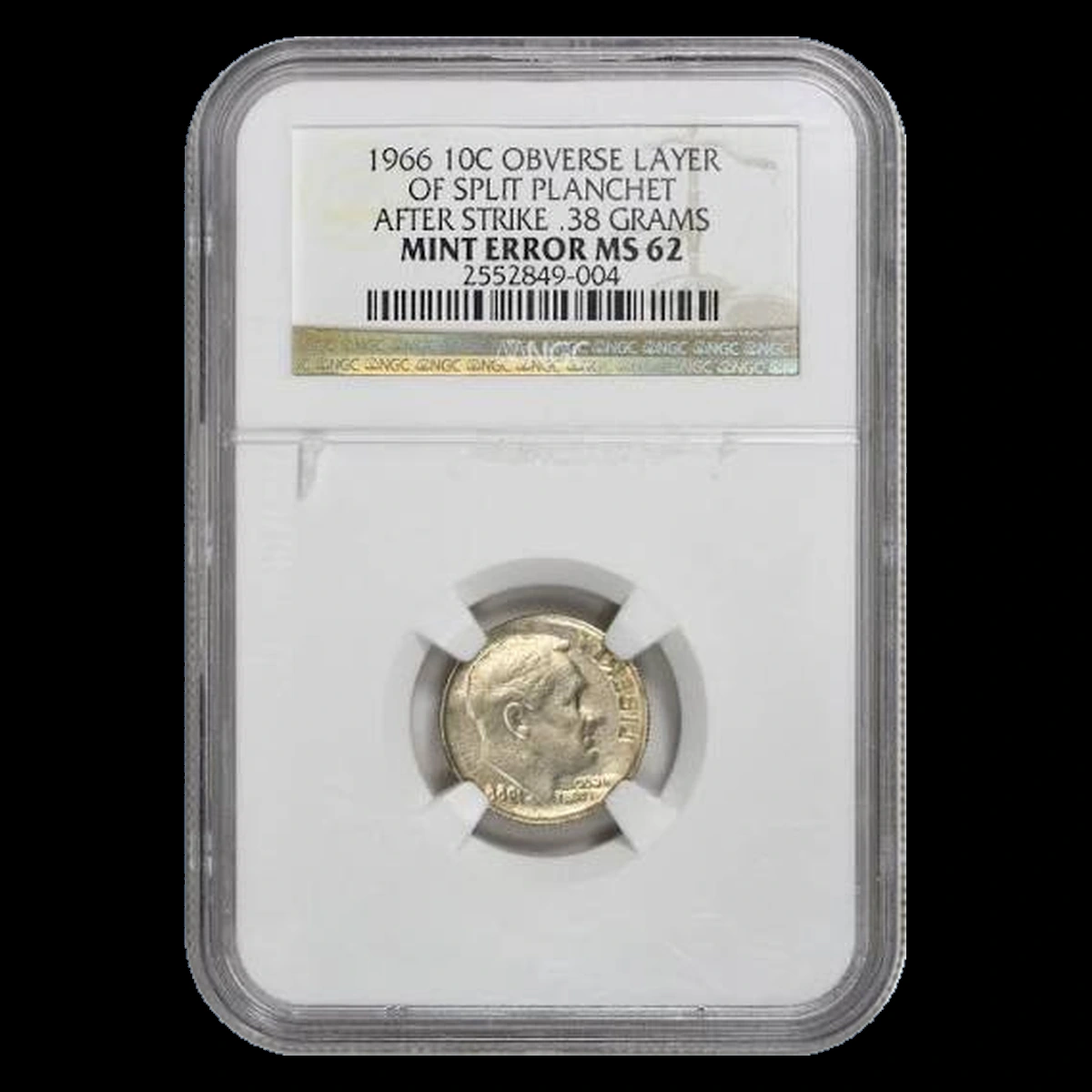 1966 Roosevelt Dime: Missing Obverse Clad Layer After Strike