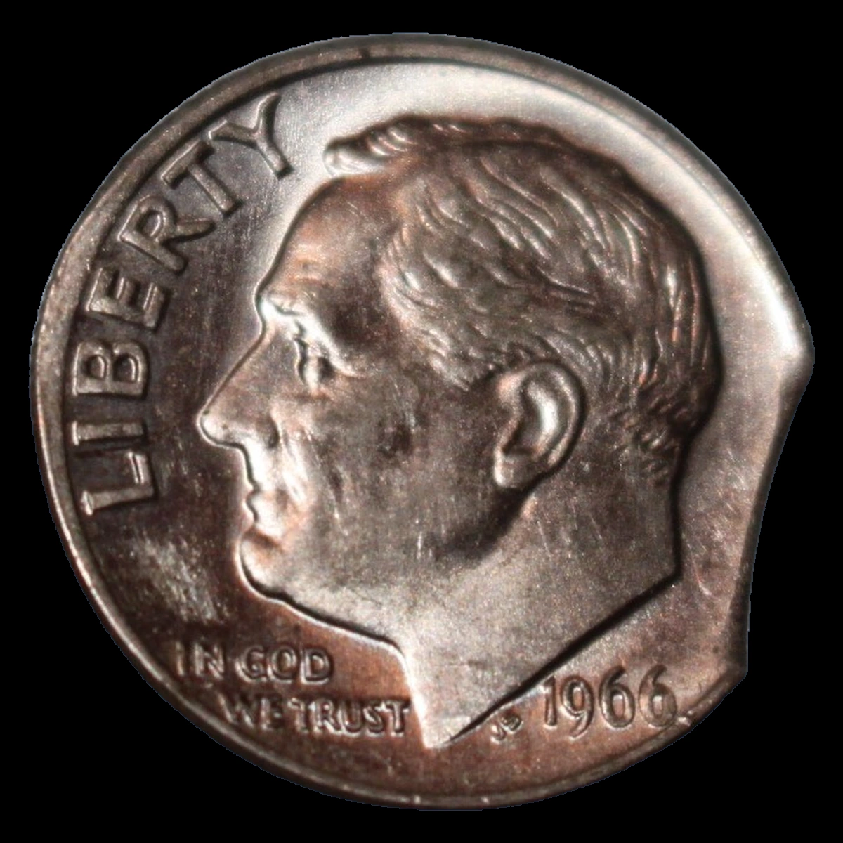 1966 Roosevelt Dime: Clipped Planchet