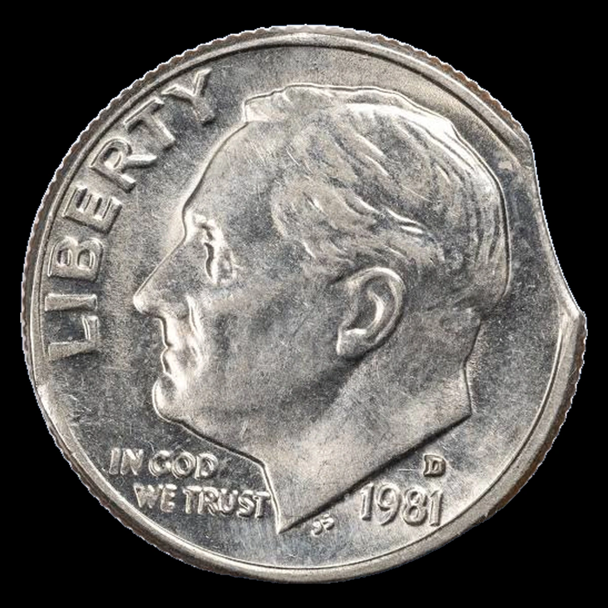 1981 Roosevelt Dime: Clipped Planchet