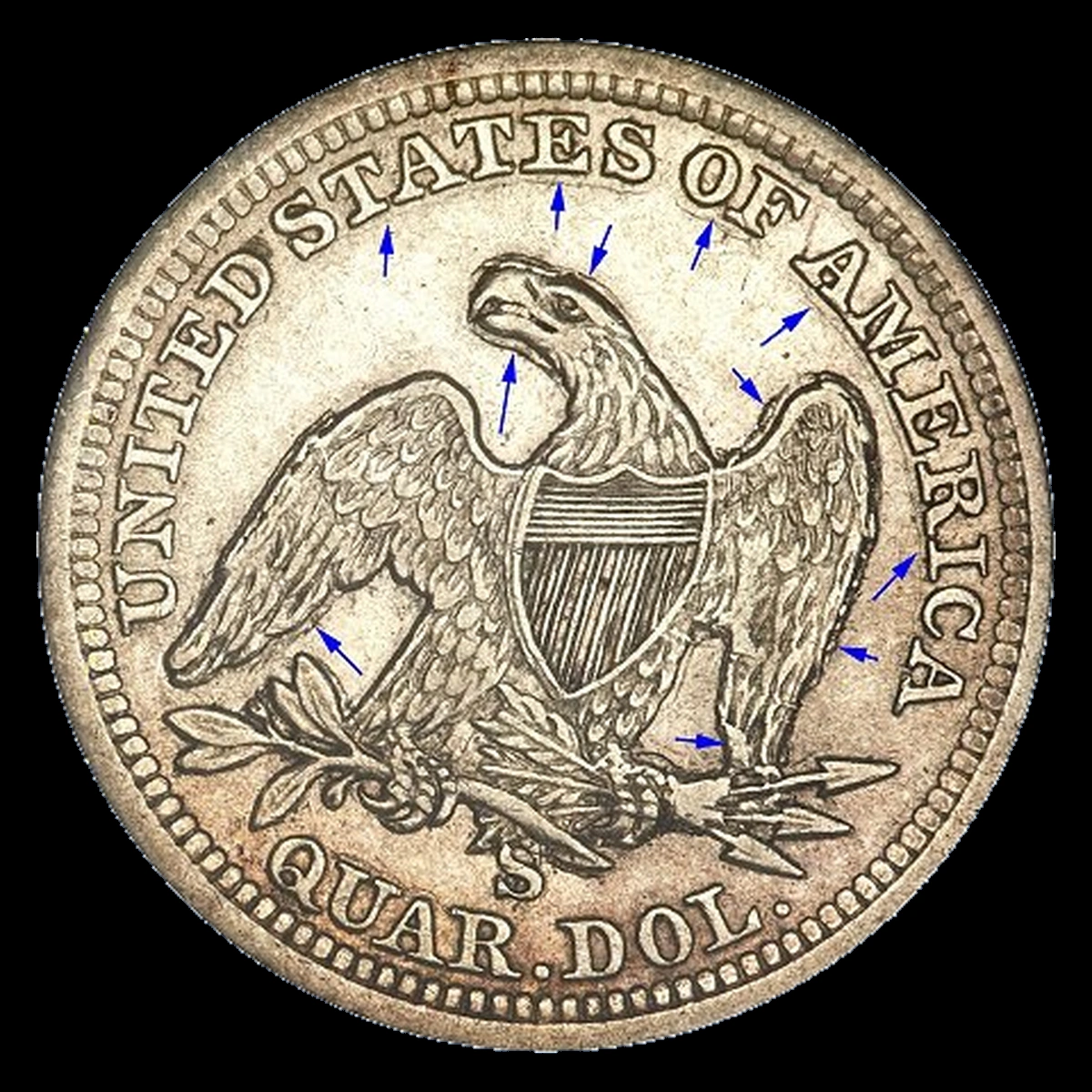 1855 Liberty Seated Quarter: Severe Reverse Die Deterioration