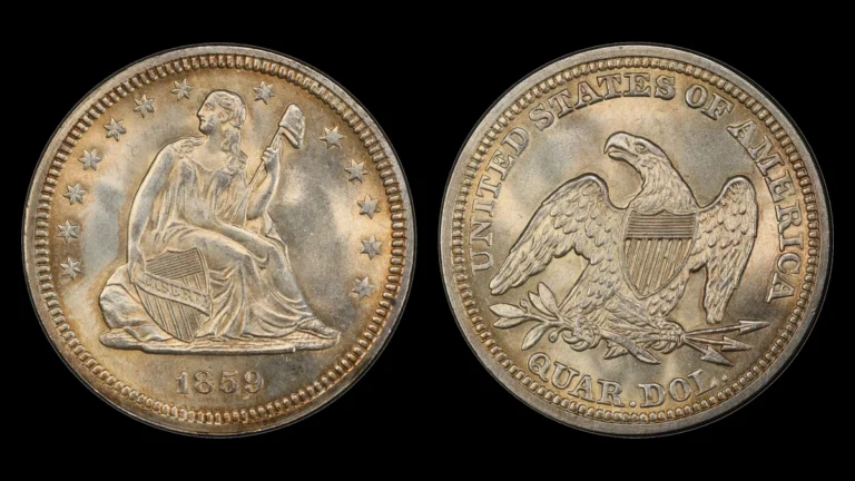 1859 Liberty Seated Quarter, obverse and reverse