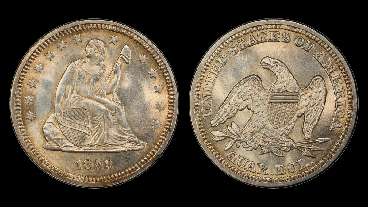 1859 Liberty Seated Quarter, obverse and reverse