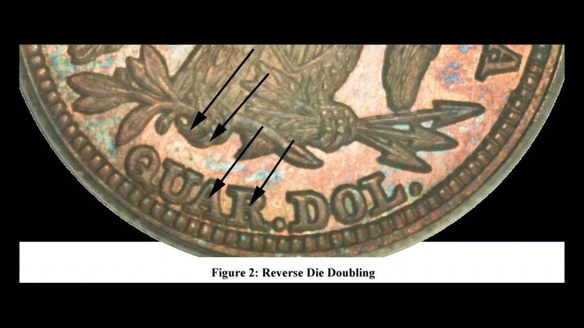 1847 Liberty Seated Quarter: Doubled Die Reverse with Repunched Date
